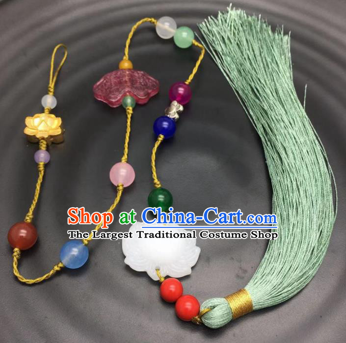 Chinese Traditional Hanfu Green Tassel Lotus Breastpin Accessories Ancient Qing Dynasty Imperial Consort Brooch Pendant for Women