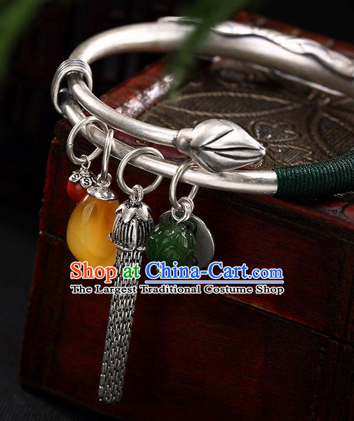Chinese Traditional Hanfu Jewelry Accessories Carving Sliver Bracelet Ancient Qing Dynasty Princess Bangle for Women