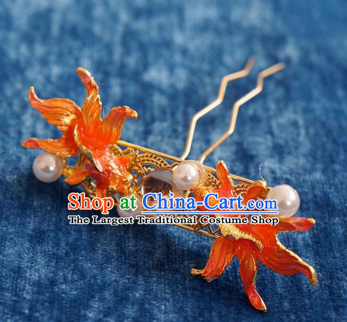 Chinese Ancient Song Dynasty Princess Red Goldfish Hairpins Traditional Hanfu Court Hair Accessories for Women