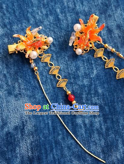 Chinese Ancient Song Dynasty Princess Red Goldfish Hair Claws Hairpins Traditional Hanfu Court Hair Accessories for Women