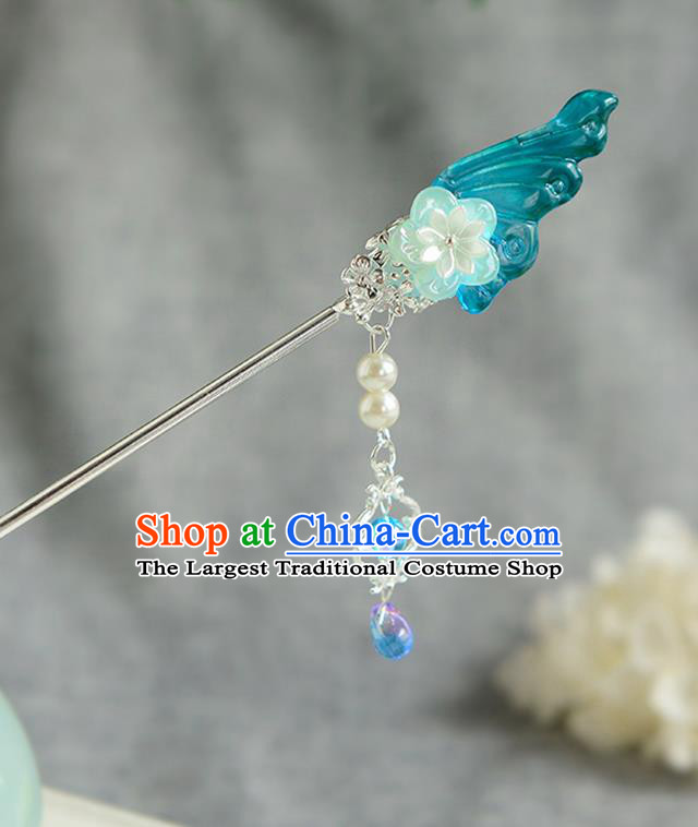 Chinese Ancient Ming Dynasty Princess Green Wing Tassel Hairpins Traditional Hanfu Court Hair Accessories for Women