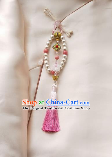 Chinese Traditional Hanfu Pink Tassel Pearls Brooch Pendant Ancient Cheongsam Breastpin Accessories for Women
