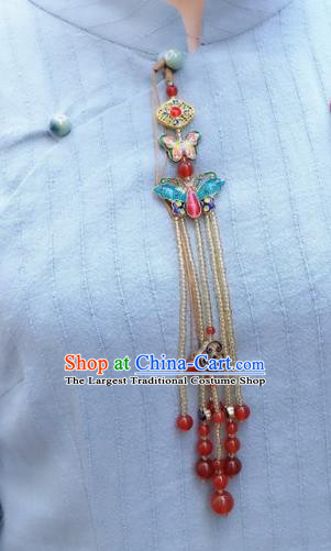 Chinese Traditional Hanfu Cloisonne Butterfly Tassel Brooch Pendant Ancient Cheongsam Breastpin Accessories for Women