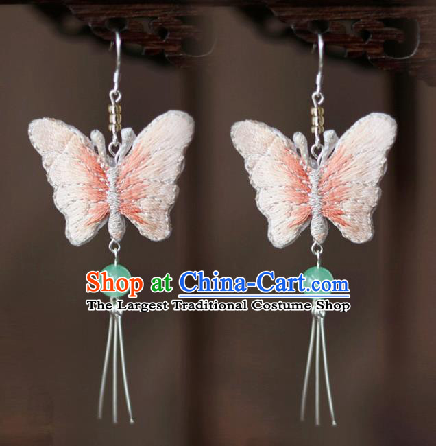 Chinese Traditional Hanfu Court Embroidered Pink Butterfly Ear Accessories Ancient Ming Dynasty Princess Earrings for Women