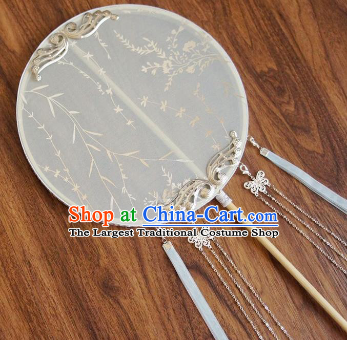 Chinese Traditional Hanfu Palace Fans Ancient Princess White Silk Round Fan for Women