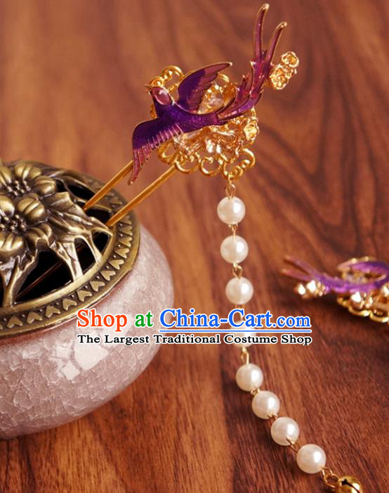 Chinese Ancient Princess Purple Bird Pearls Tassel Hairpins Traditional Hanfu Court Hair Accessories for Women