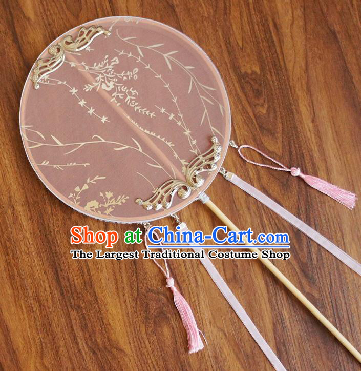 Chinese Traditional Hanfu Printing Palace Fans Ancient Princess Pink Silk Round Fan for Women