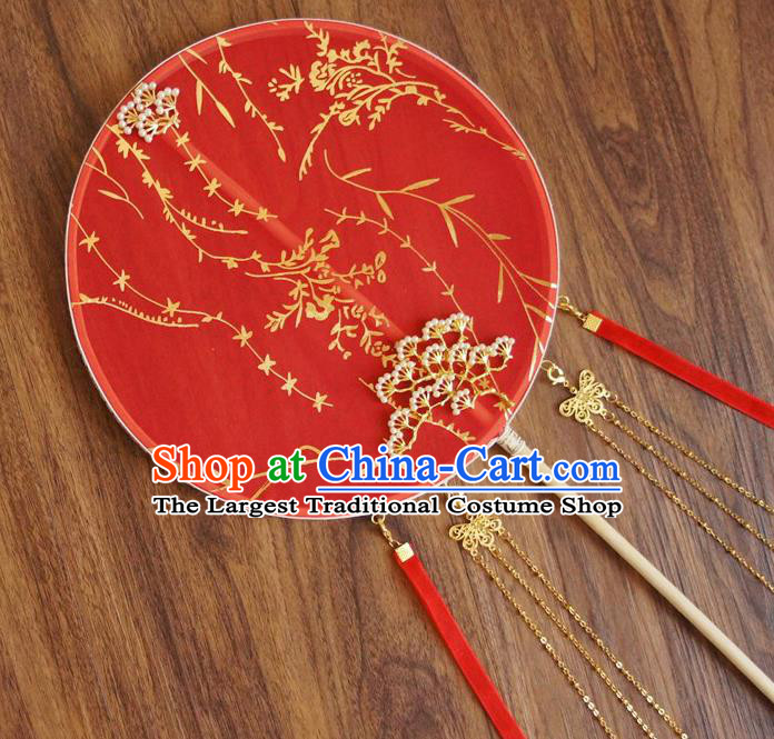 Chinese Traditional Hanfu Wedding Red Ribbon Palace Fans Ancient Princess Silk Round Fan for Women