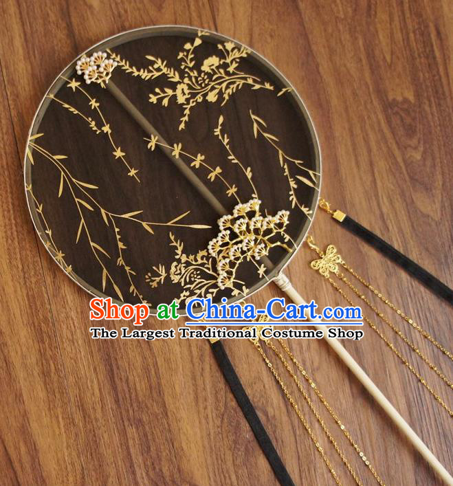 Chinese Traditional Hanfu Butterfly Tassel Black Pine Palace Fans Ancient Princess Silk Round Fan for Women