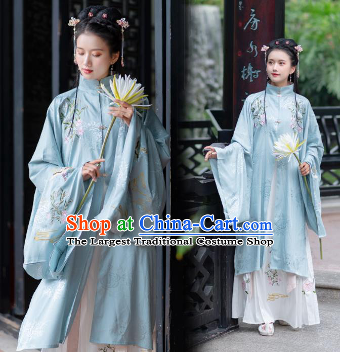 Traditional Chinese Ming Dynasty Replica Costumes Ancient Rich Lady Blue Hanfu Dress Complete Set for Women