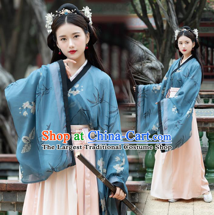 Traditional Chinese Jin Dynasty Imperial Consort Replica Costumes Ancient Court Princess Blue Hanfu Dress for Women