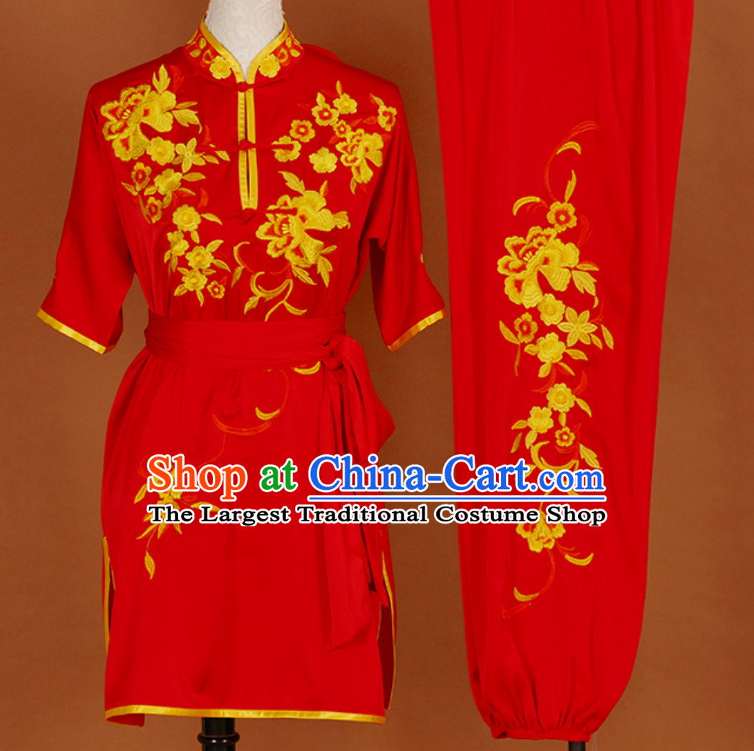 Lucky Red Embroidered Short Sleeves Martial Arts Clothing Kung Fu Dress Wushu Suits Stage Performance Championship Competition Full Set for Girls Women