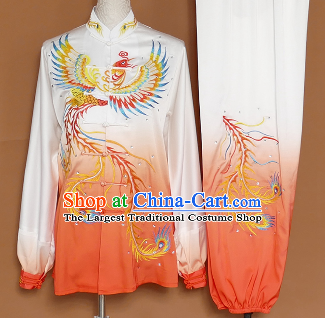 Classical Giant Phoenix Embroidered Long Sleeves Martial Arts Clothing Kung Fu Dress Wushu Suits Stage Performance Championship Competition Dresses Full Set for Girls Women