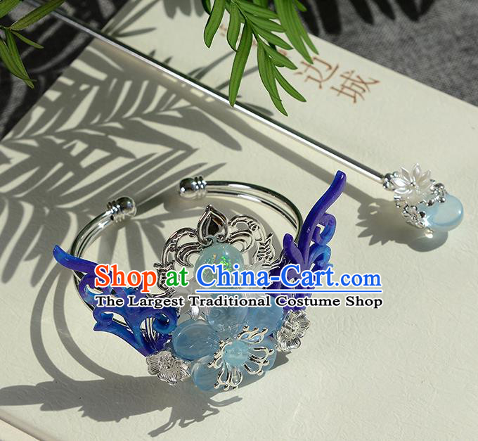 Chinese Ancient Tang Dynasty Palace Princess Blue Antler Hair Crown Hairpins Traditional Hanfu Court Hair Accessories for Women