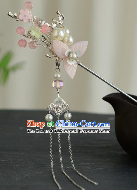 Chinese Ancient Tang Dynasty Princess Pink Plum Tassel Hairpins Traditional Hanfu Court Hair Accessories for Women