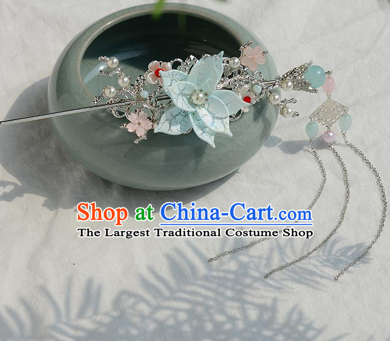 Chinese Ancient Tang Dynasty Princess Blue Lotus Hair Crown Hairpins Traditional Hanfu Court Hair Accessories for Women