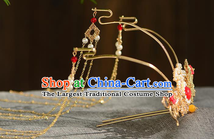 Chinese Ancient Tang Dynasty Princess Golden Pine Phoenix Coronet Hairpins Traditional Hanfu Court Hair Accessories for Women