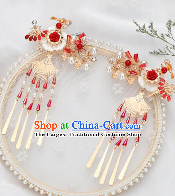 Chinese Ancient Ming Dynasty Princess Red Rose Hair Claws Hairpins Traditional Hanfu Court Hair Accessories for Women