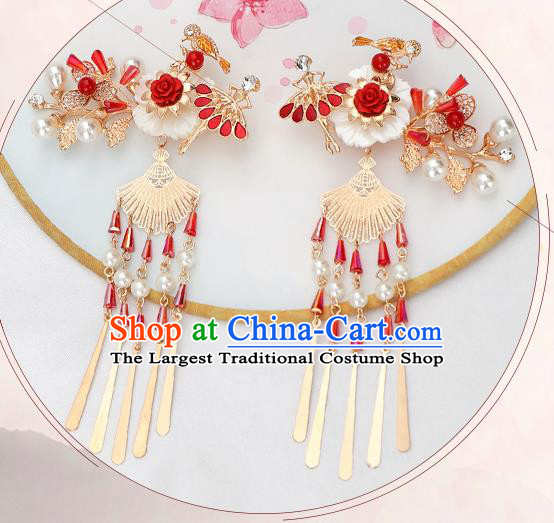 Chinese Ancient Ming Dynasty Princess Red Rose Hair Claws Hairpins Traditional Hanfu Court Hair Accessories for Women