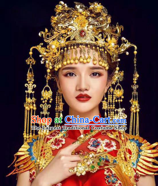 Chinese Ancient Bride Golden Phoenix Coronet Hairpins Traditional Hanfu Court Princess Hair Accessories for Women