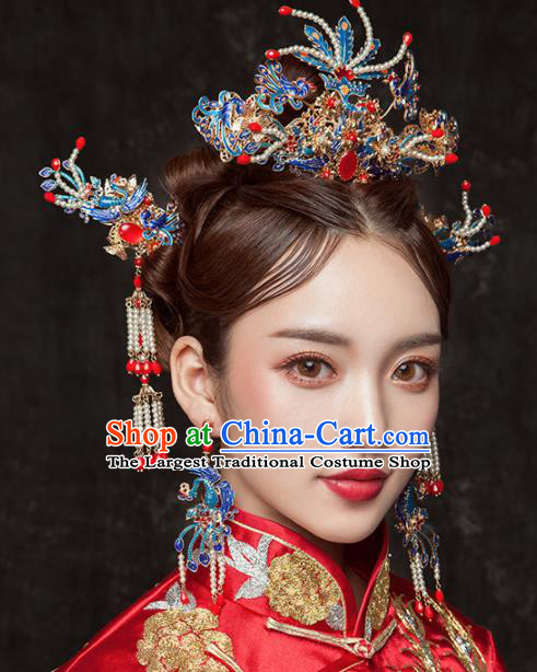 Chinese Ancient Qing Dynasty Cloisonne Phoenix Coronet Hairpins Traditional Hanfu Court Princess Hair Accessories for Women