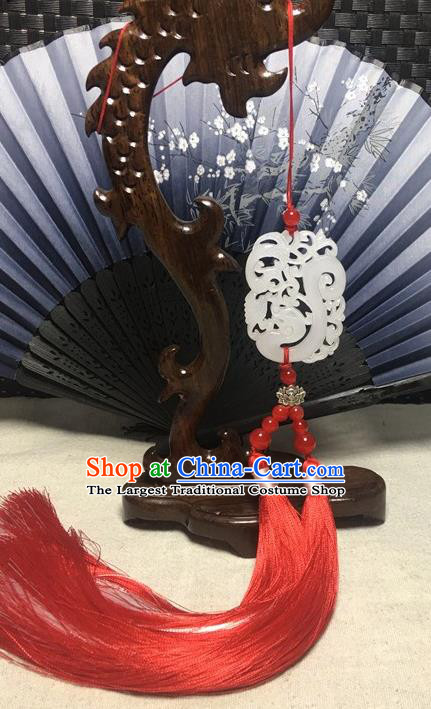 Traditional Chinese Hanfu Jade Carving Dragon Waist Accessories Ancient Swordsman Red Tassel Pendant
