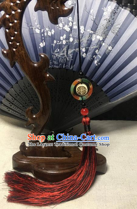Traditional Chinese Hanfu Jade Ring Waist Accessories Ancient Swordsman Dark Red Tassel Pendant