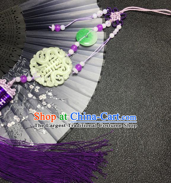 Traditional Chinese Hanfu Jade Carving Longevity Waist Accessories Purple Tassel Pendant Ancient Swordsman Brooch