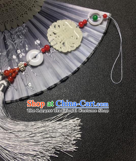 Traditional Chinese Hanfu White Jade Waist Accessories Grey Tassel Pendant Ancient Swordsman Brooch