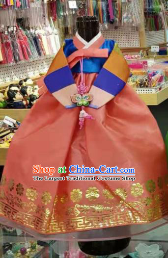Traditional Korean Hanbok Clothing Blue Brocade Blouse and Pink Dress Asian Korea Ancient Fashion Apparel Costume for Kids