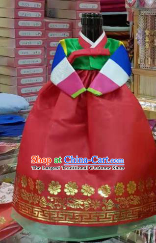 Traditional Korean Hanbok Clothing Green Brocade Blouse and Red Dress Asian Korea Ancient Fashion Apparel Costume for Kids
