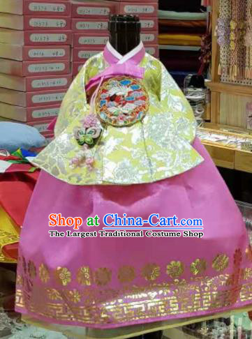 Traditional Korean Hanbok Clothing Yellow Brocade Blouse and Pink Dress Asian Korea Ancient Fashion Apparel Costume for Kids