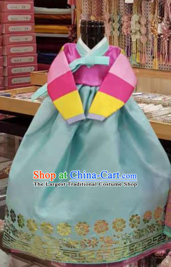 Traditional Korean Hanbok Clothing Rosy Brocade Blouse and Blue Dress Asian Korea Ancient Fashion Apparel Costume for Kids