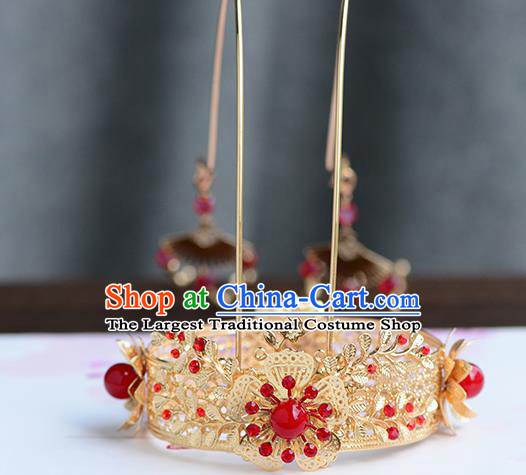 Chinese Ancient Ming Dynasty Princess Golden Tassel Phoenix Coronet Hairpins Traditional Hanfu Court Hair Accessories for Women