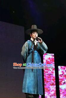 Traditional Korean Hanbok Peacock Blue Clothing Asian Korea Ancient Prince Apparel Costume and Hat for Men