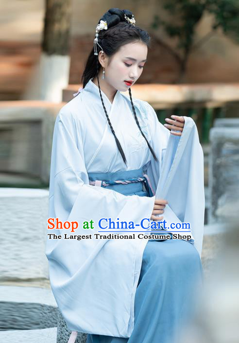 Traditional Chinese Jin Dynasty Court Lady Replica Costumes Ancient Royal Princess Blue Hanfu Dress for Women