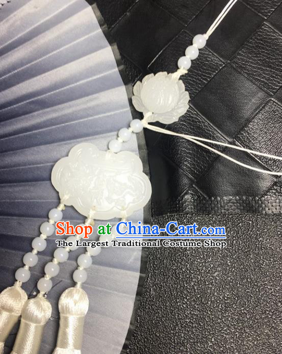 Traditional Chinese Hanfu Jade Carving Lotus Waist Accessories White Tassel Pendant Ancient Swordsman Brooch