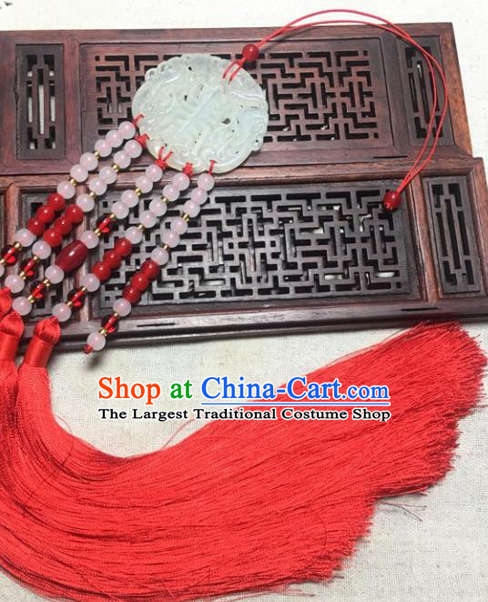 Traditional Chinese Hanfu Wedding Jade Carving Waist Accessories Red Tassel Pendant Ancient Swordsman Brooch