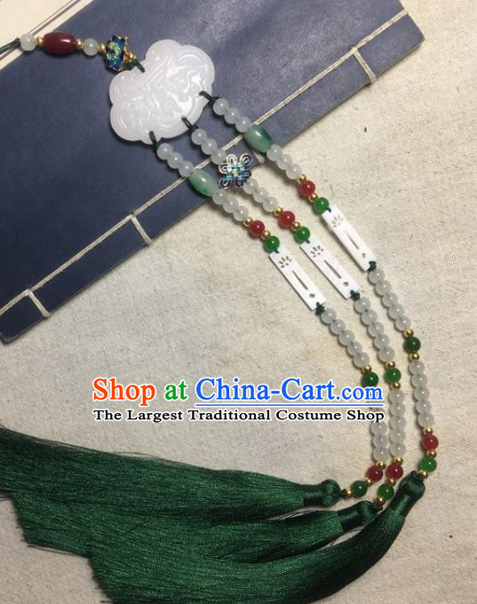 Traditional Chinese Hanfu White Jade Carving Waist Accessories Palace Green Tassel Pendant Ancient Swordsman Brooch