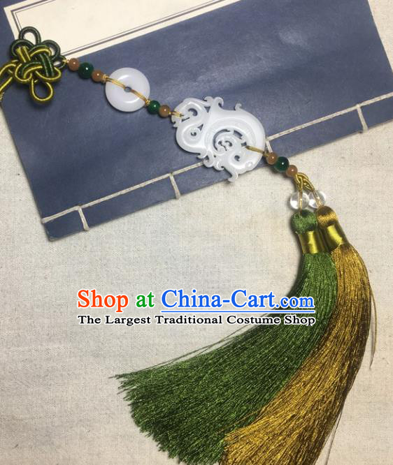 Traditional Chinese Hanfu White Jade Carving Dragon Waist Accessories Palace Tassel Pendant Ancient Swordsman Brooch