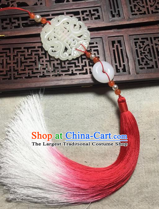 Traditional Chinese Hanfu Jade Carving Dragon Waist Accessories Palace Red Tassel Pendant Ancient Swordsman Brooch