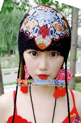 Chinese Traditional Ethnic Embroidered Hat National Handmade Black Wool Knitting Hat for Women