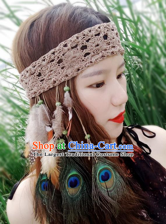Chinese Traditional Ethnic Wool Knitting Headband National Handmade Feather Hair Clasp for Women
