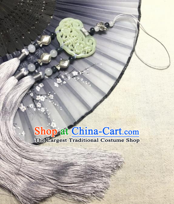 Traditional Chinese Hanfu Jade Carving Plum Waist Accessories Palace Grey Tassel Pendant Ancient Swordsman Brooch