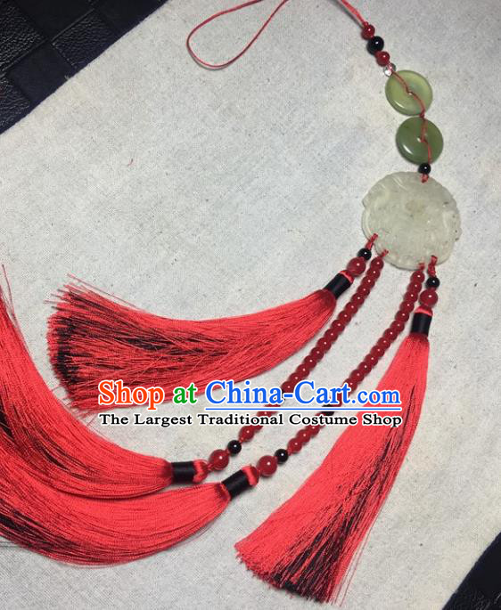 Traditional Chinese Hanfu Jade Carving Waist Accessories Palace Red Beads Tassel Pendant Ancient Swordsman Brooch
