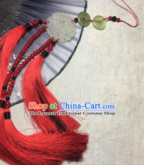 Traditional Chinese Hanfu Jade Carving Waist Accessories Palace Red Beads Tassel Pendant Ancient Swordsman Brooch