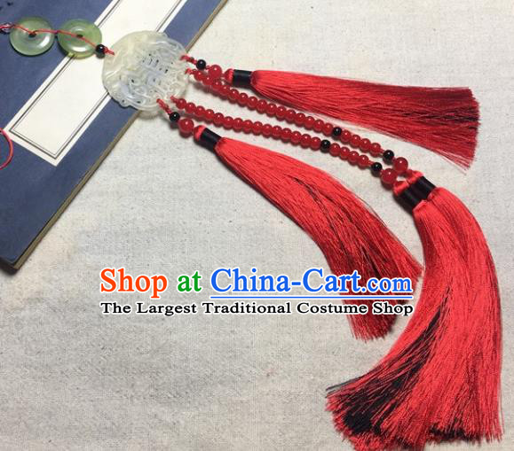 Traditional Chinese Hanfu Jade Carving Waist Accessories Palace Red Beads Tassel Pendant Ancient Swordsman Brooch