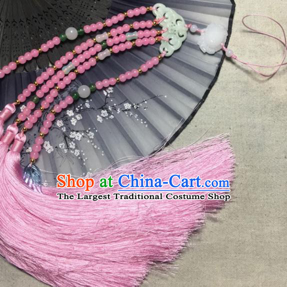 Traditional Chinese Hanfu Jade Carving Butterfly Waist Accessories Palace Pink Beads Tassel Pendant Ancient Swordsman Brooch