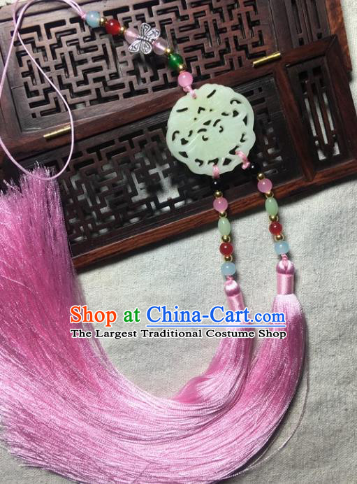 Traditional Chinese Hanfu Jade Carving Bat Waist Accessories Palace Pink Tassel Pendant Ancient Swordsman Brooch