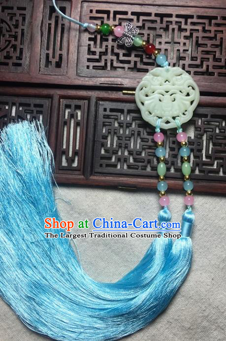 Traditional Chinese Hanfu Jade Carving Bat Waist Accessories Palace Blue Tassel Pendant Ancient Swordsman Brooch